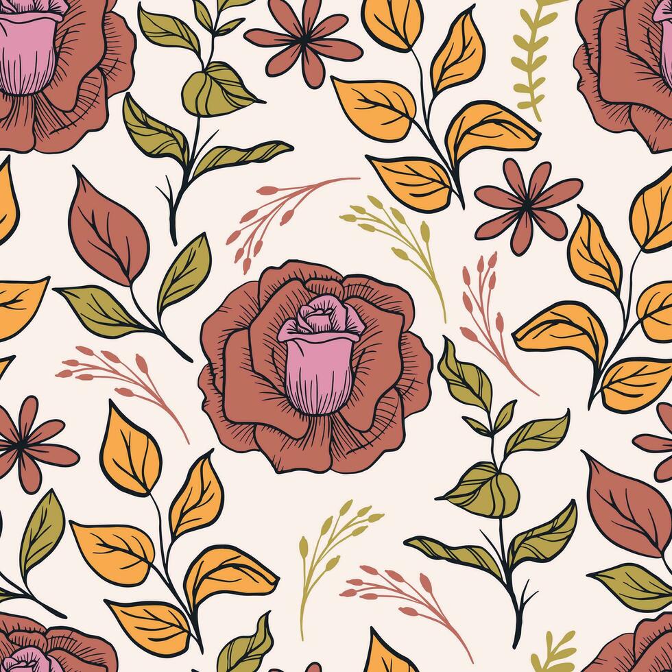 Floral seamless pattern of flowers, leaves, and roses with yellow, green, red, and purple floral elements on a light background vector