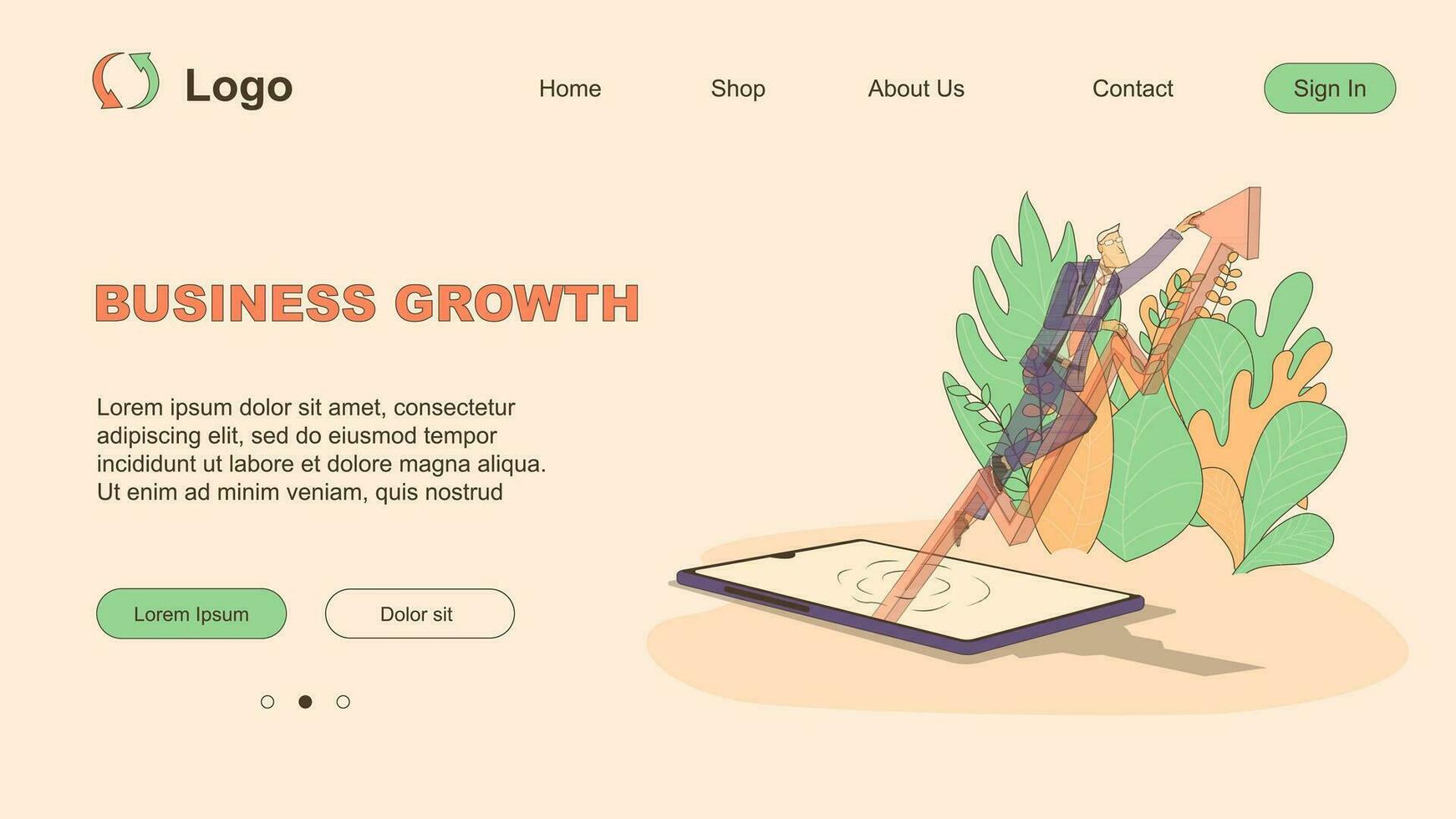 Business growth. The businessman goes up the arrow that's on the chart in the phone vector