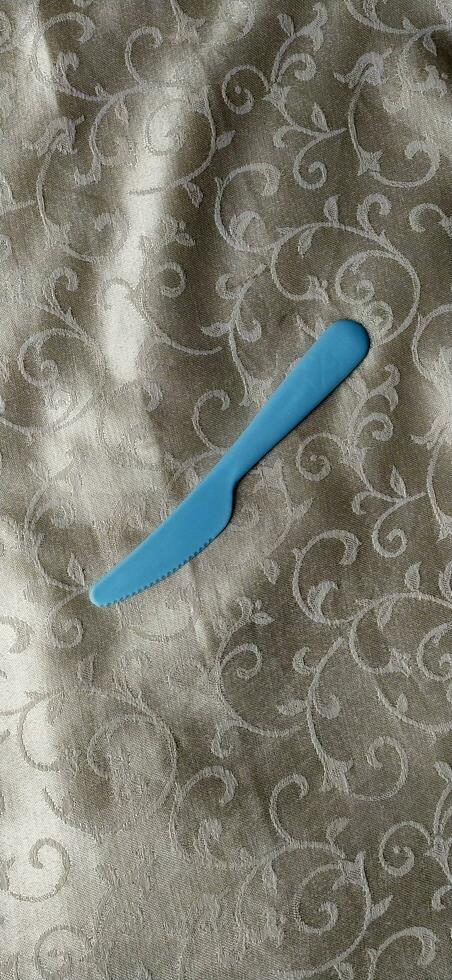 The knife for cutting steak is blue, made of plastic photo