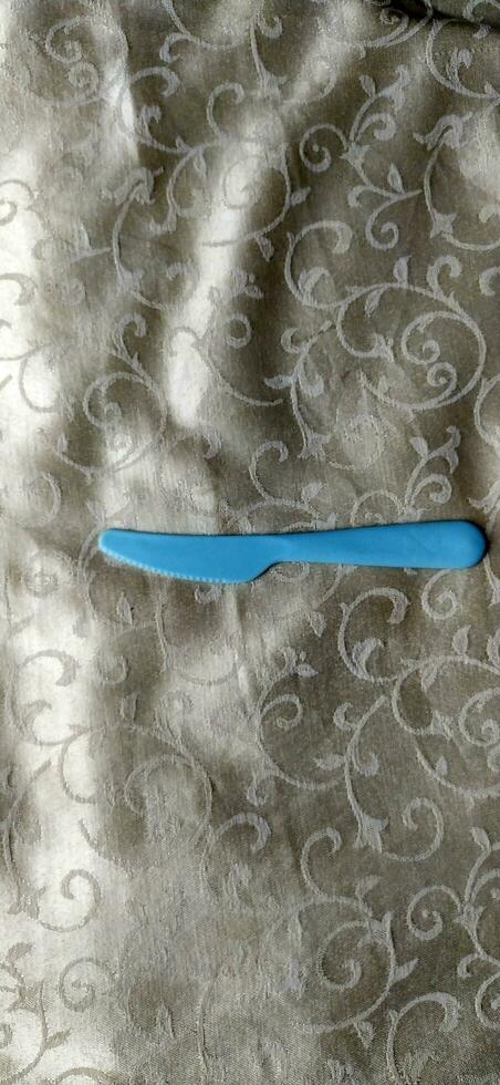The knife for cutting steak is blue, made of plastic photo