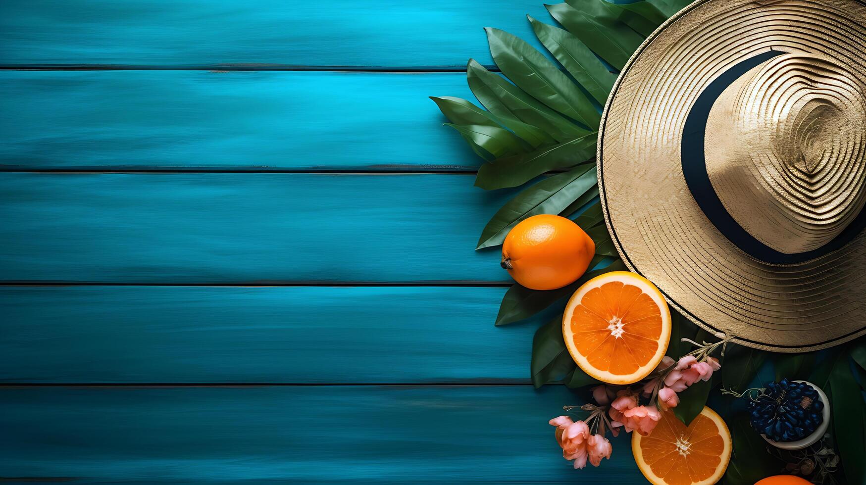 A blue wooden table with Orange and tropical leaves photo