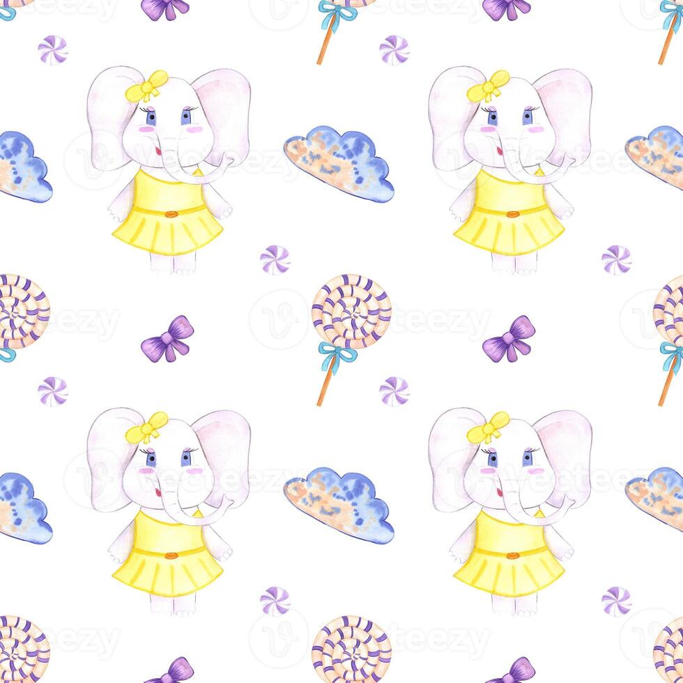 Handdrawn watercolor candy and elephant seamless pattern children's textile. Scrapbook design, typography poster, label, banner, post card. photo