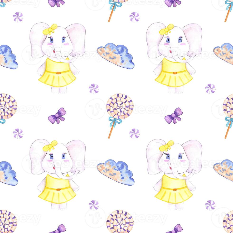 Handdrawn watercolor candy and elephant seamless pattern children's textile. Scrapbook design, typography poster, label, banner, post card. photo