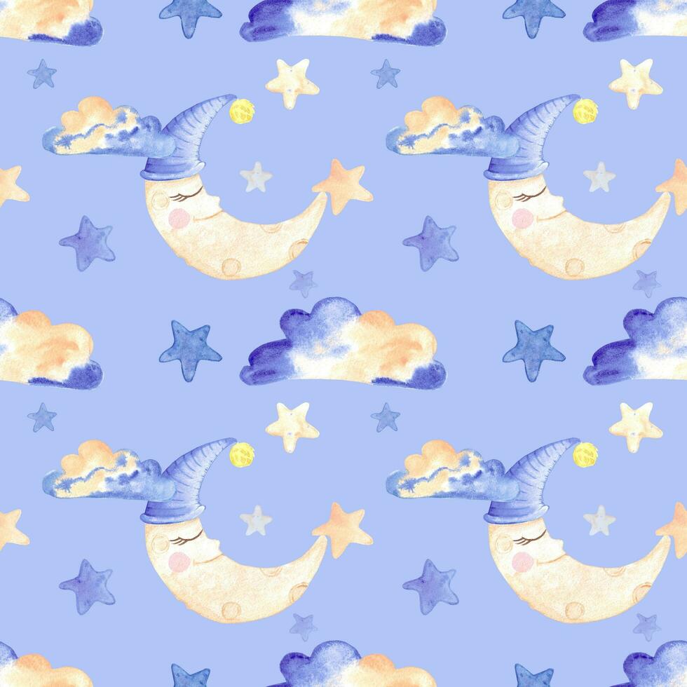 Handdrawn watercolor moon, clouds and stars seamless pattern children's textile. Scrapbook design, typography poster, label, banner, post card. photo