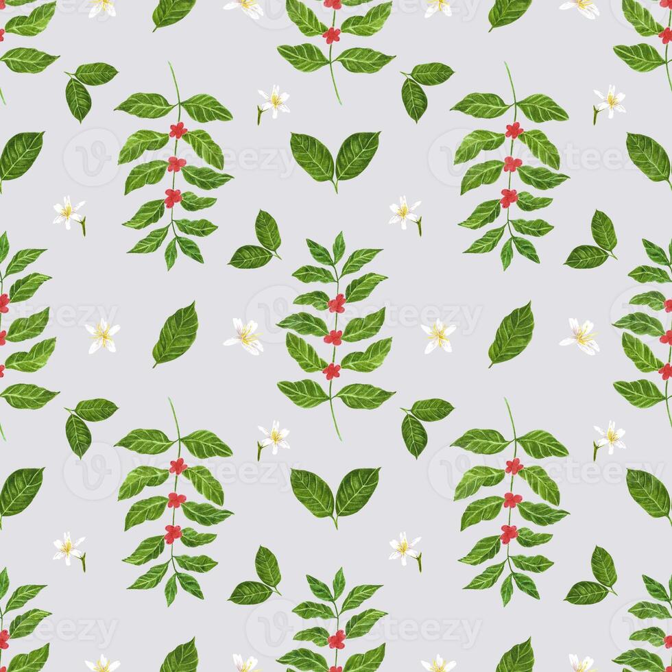 Handdrawn Watercolor coffee branch and leaves seamless pattern. Scrapbook design, typography poster, label, banner, post card, textile. photo
