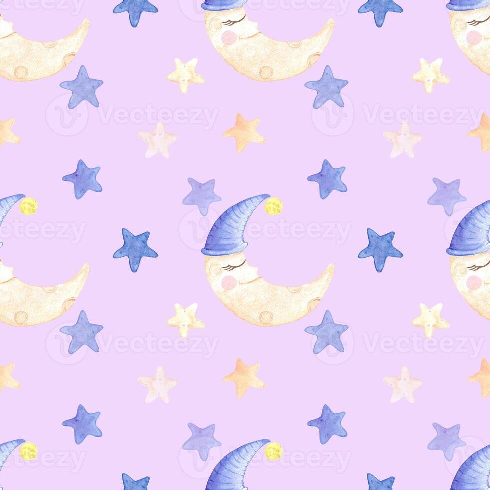 Handdrawn watercolor moon and stars seamless pattern children's textile. Scrapbook design, typography poster, label, banner, post card. photo