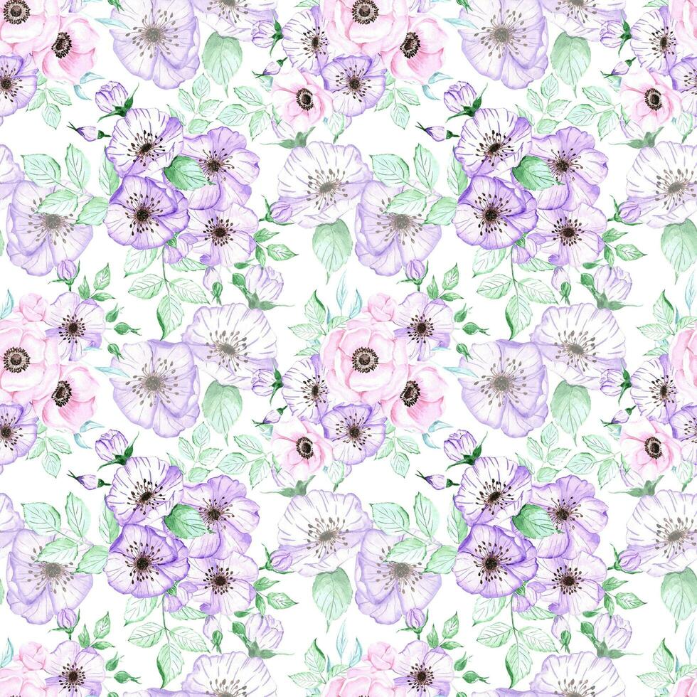 Handdrawn anemone seamless pattern. Watercolor pink and purple flowers with green leaves on the white background. Scrapbook design, typography poster, label, banner, textile. photo