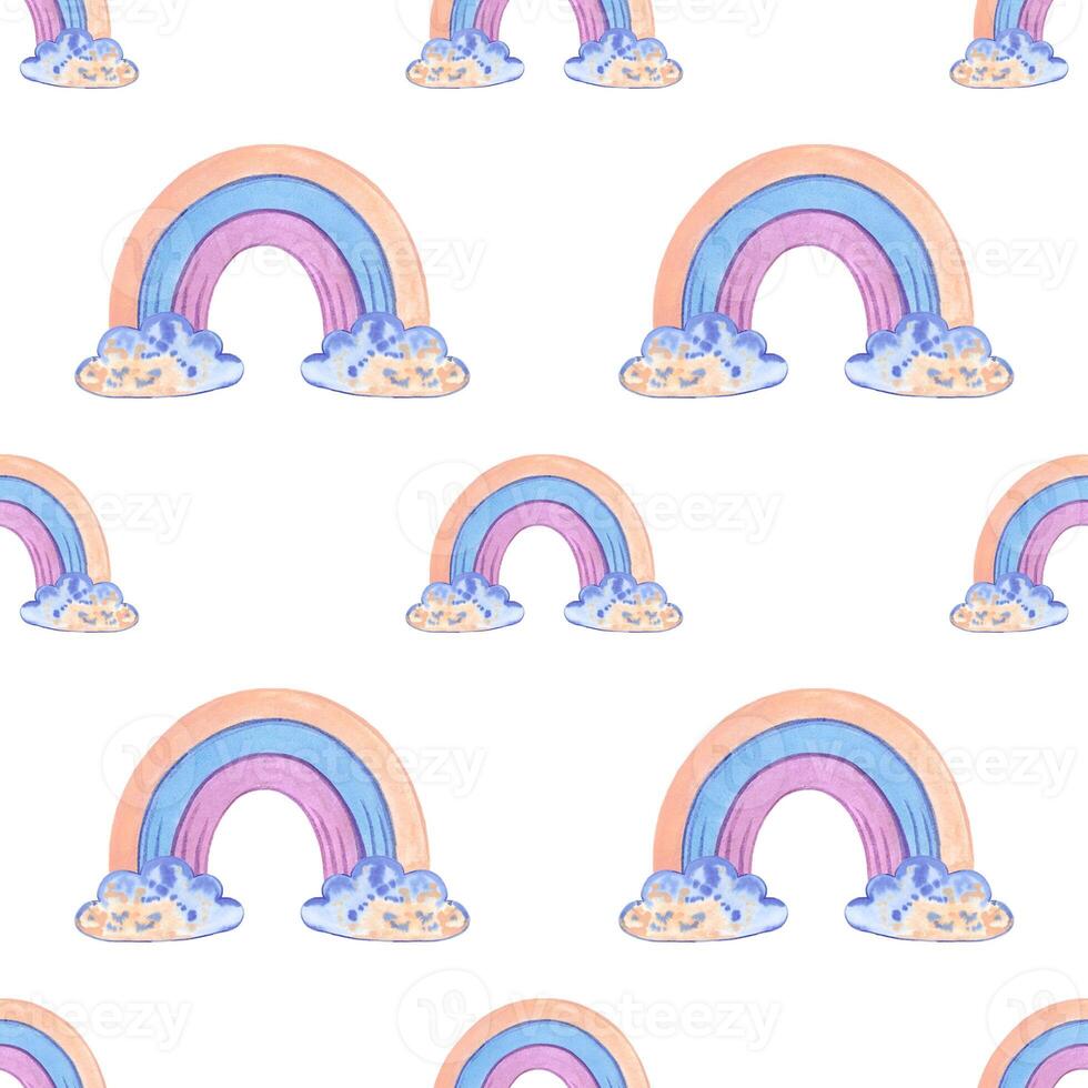 Handdrawn watercolor rainbow and clouds seamless pattern children's textile. Scrapbook design, typography poster, label, banner, post card. photo