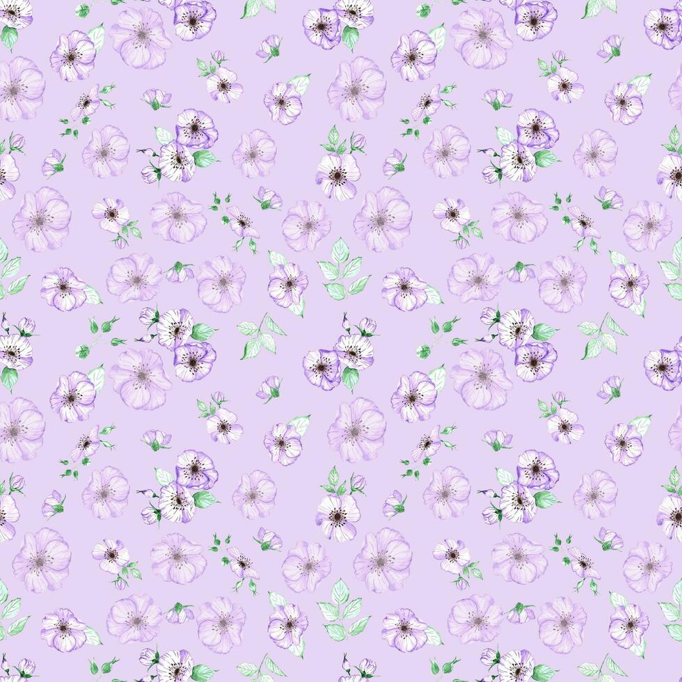 Handdrawn anemone seamless pattern. Watercolor purple flowers with green leaves on the purple background. Scrapbook design, typography poster, label, banner, textile. photo
