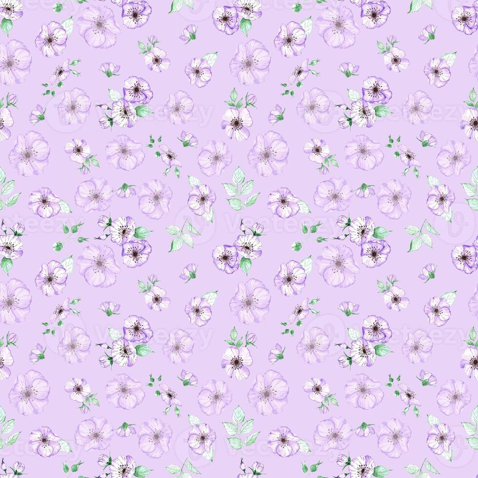 Handdrawn anemone seamless pattern. Watercolor purple flowers with green leaves on the purple background. Scrapbook design, typography poster, label, banner, textile. photo