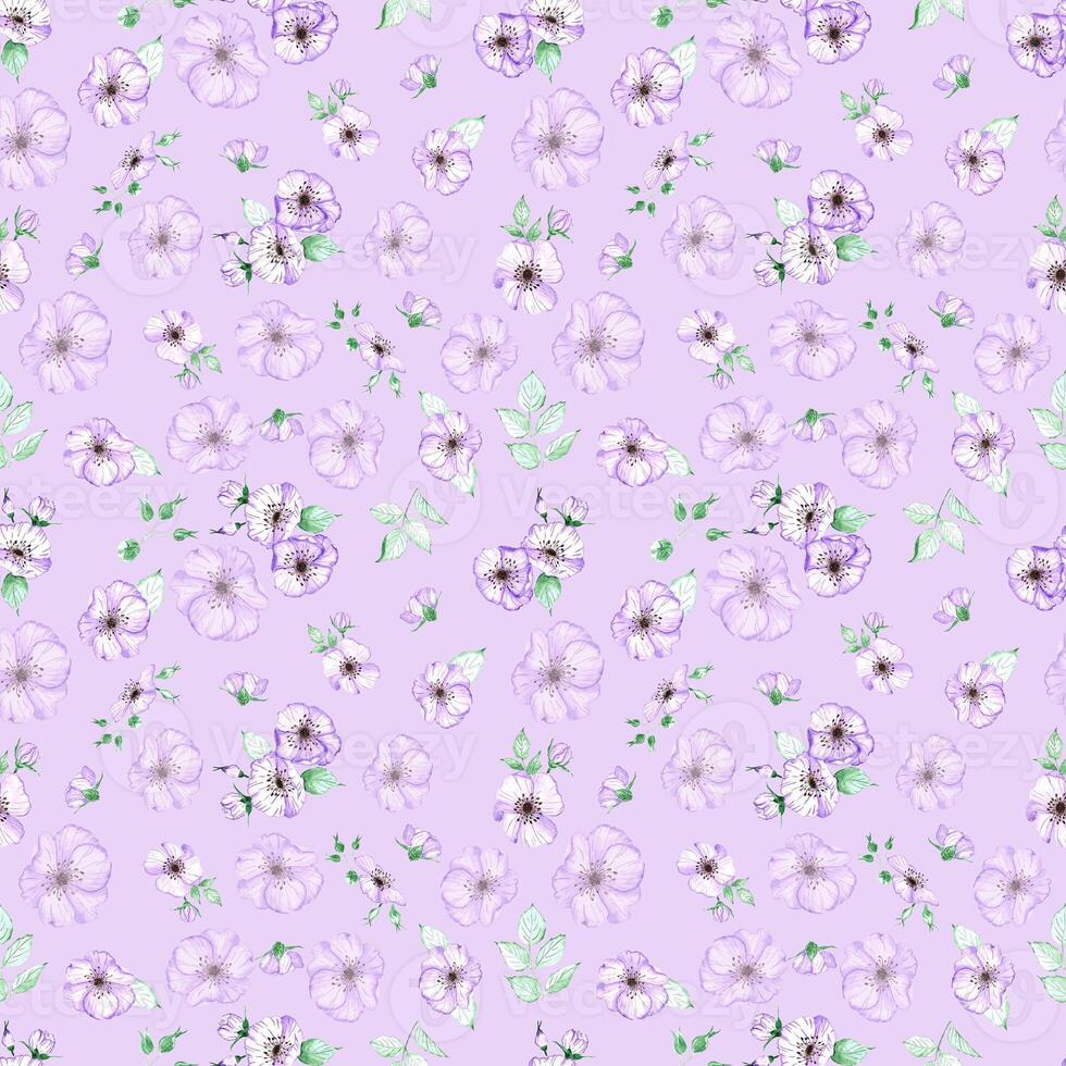 Handdrawn anemone seamless pattern. Watercolor purple flowers with green leaves on the purple background. Scrapbook design, typography poster, label, banner, textile. photo