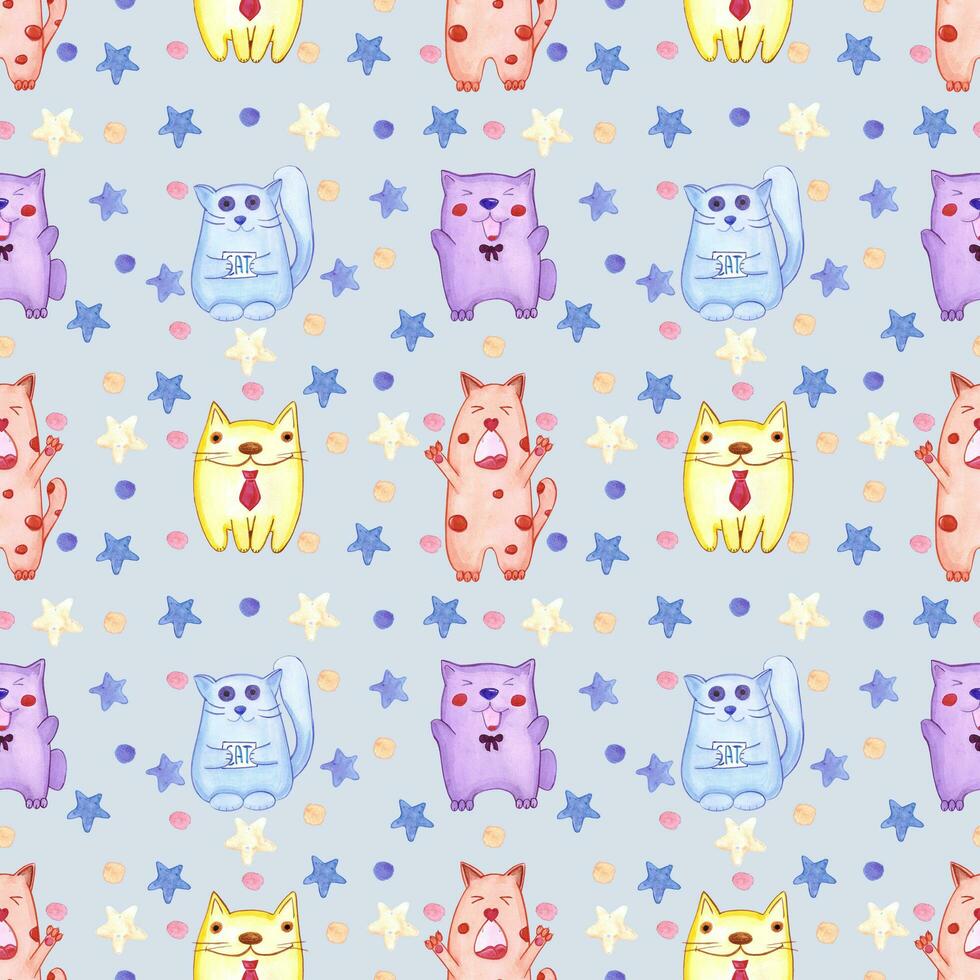 Handdrawn watercolor seamless pattern with cats for children's textile. Scrapbook design, typography poster, label, banner, post card. photo