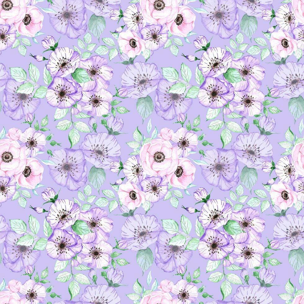 Handdrawn anemone seamless pattern. Watercolor pink flowers with green leaves on the white background. Scrapbook design, typography poster, label, banner, textile. photo