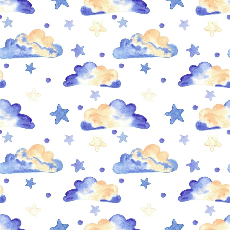 Handdrawn watercolor clouds and stars seamless pattern children's textile. Scrapbook design, typography poster, label, banner, post card. photo