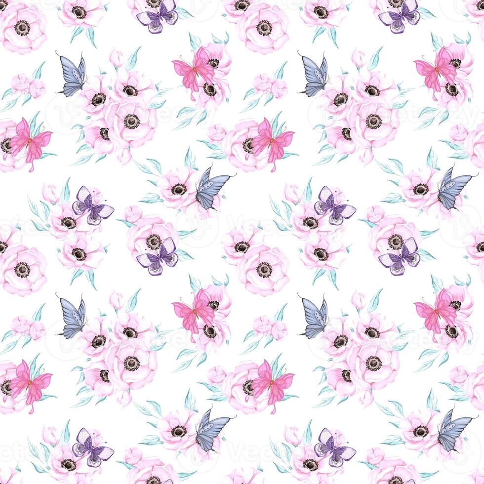 Handdrawn anemone and butterfly seamless pattern. Watercolor purple flowers with blue and pink butterfly on the white background. Scrapbook, poster, label, banner, textile. photo