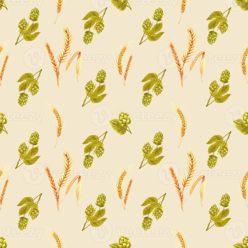 Handdrawn malt seamless pattern. Watercolor green malt and wheat on the cream background. Scrapbook design, typography poster, label, banner, textile. photo