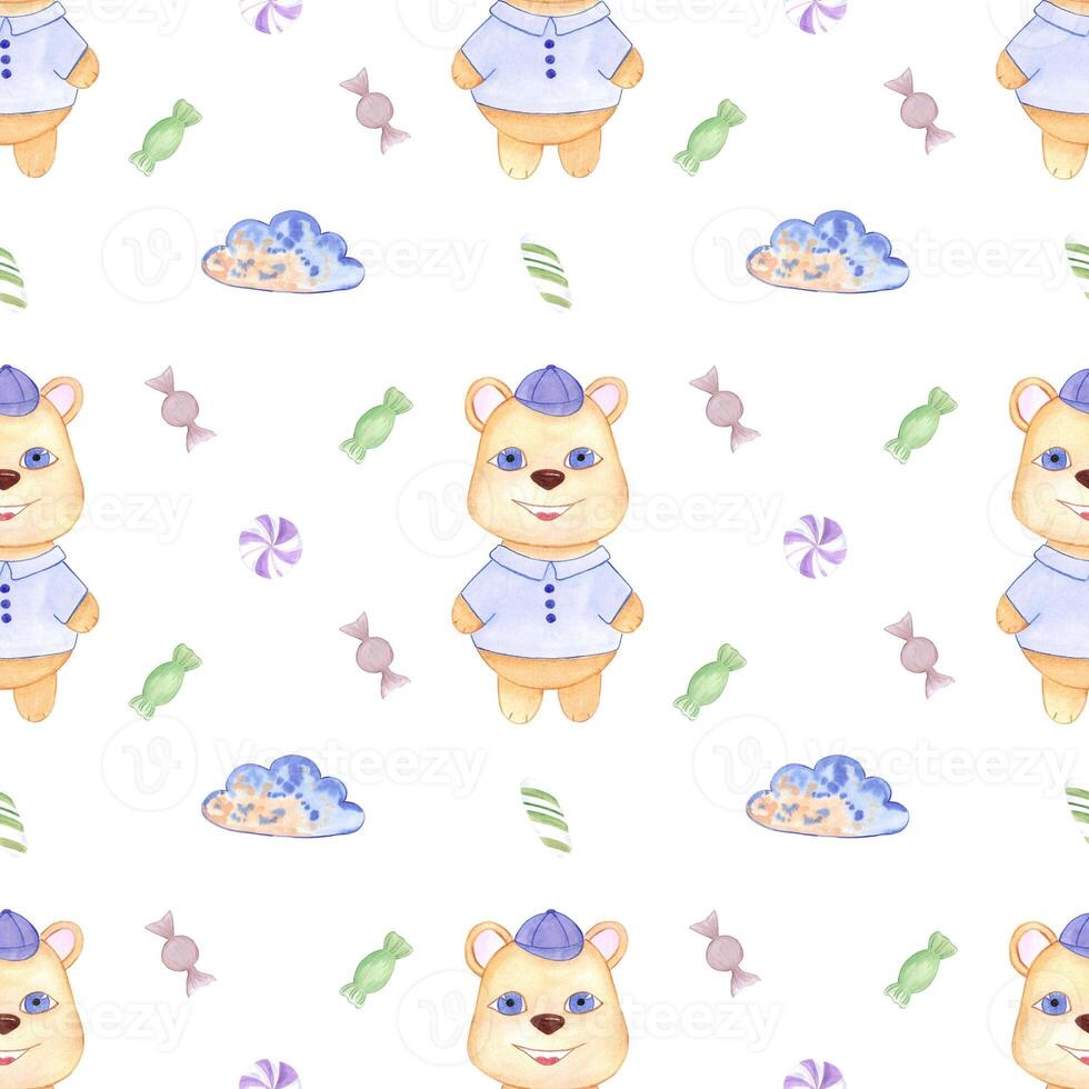 Handdrawn watercolor bear seamless pattern children's textile. Scrapbook design, typography poster, label, banner, post card. photo