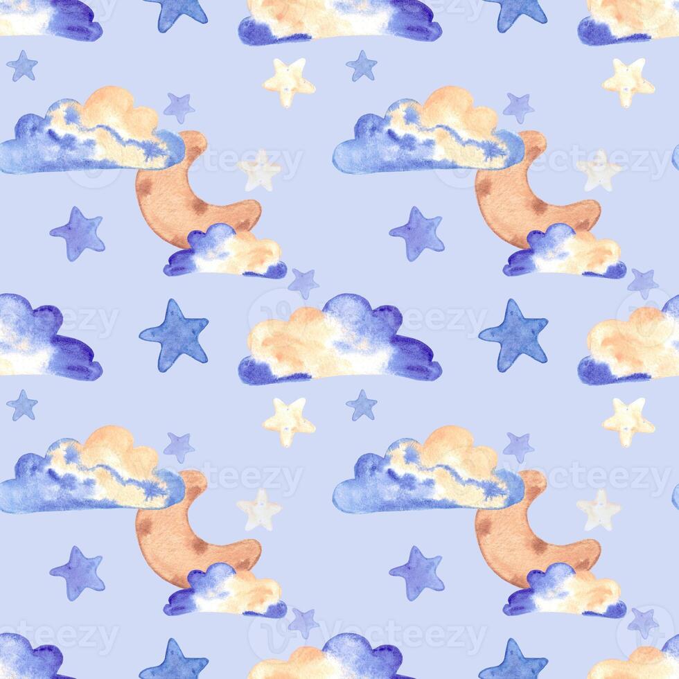 Handdrawn watercolor moon, clouds and stars seamless pattern children's textile. Scrapbook design, typography poster, label, banner, post card. photo