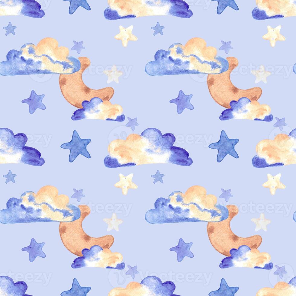 Handdrawn watercolor moon, clouds and stars seamless pattern children's textile. Scrapbook design, typography poster, label, banner, post card. photo