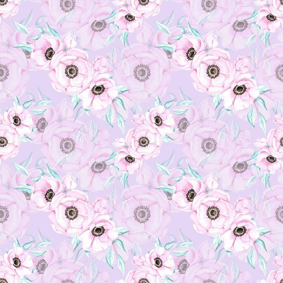 Handdrawn anemone seamless pattern. Watercolor pink flowers with green leaves on the white background. Scrapbook design, typography poster, label, banner, textile. photo
