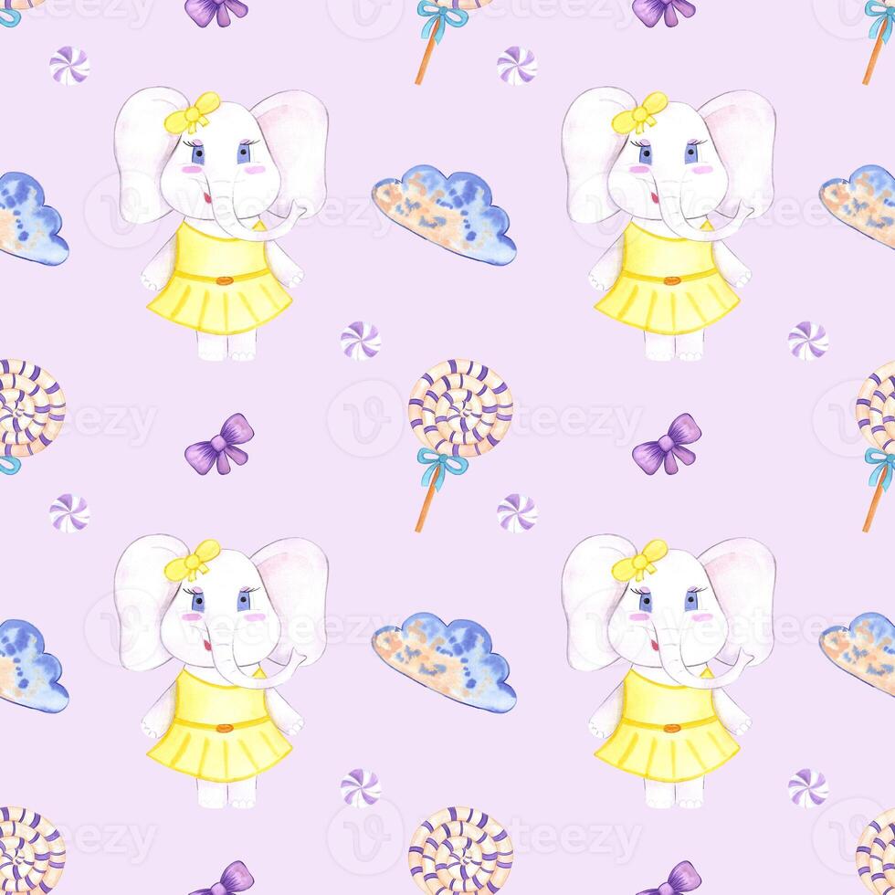 Handdrawn watercolor candy and elephant seamless pattern children's textile. Scrapbook design, typography poster, label, banner, post card. photo