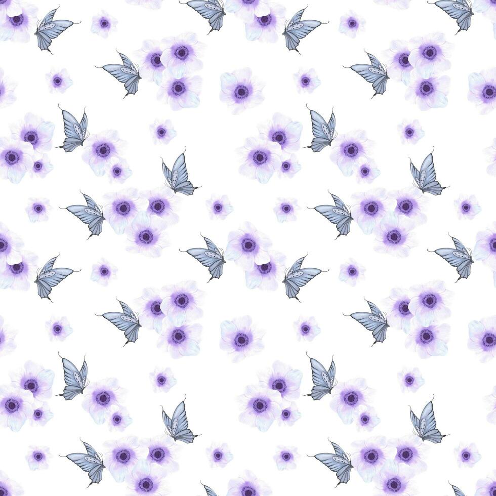 Handdrawn anemone and butterfly seamless pattern. Watercolor purple flowers with blue and pink butterfly on the white background. Scrapbook, poster, label, banner, textile. photo
