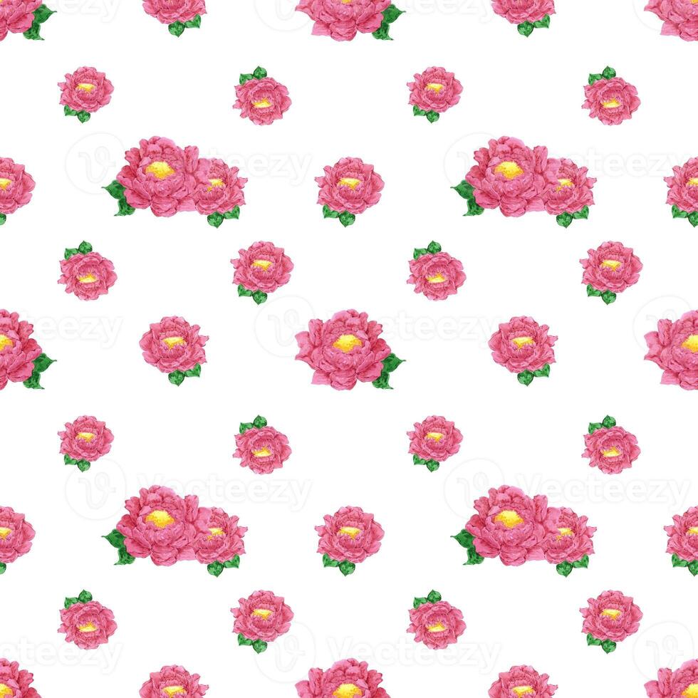 Hand drawn watercolor magenta peony flower seamless pattern. Isolated on white background. Scrapbook, textile, wrapping, fabric, poster. photo