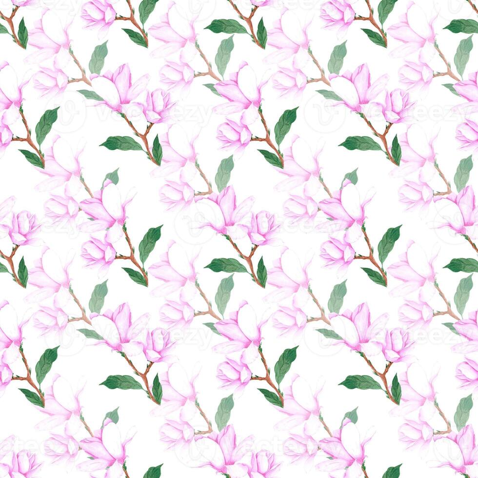 Hand drawn watercolor pink magnolia flower with green leaves seamless pattern. Isolated on white background. Scrapbook, textile, fabric, wrapping. photo