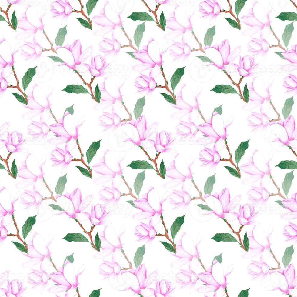 Hand drawn watercolor pink magnolia flower with green leaves seamless pattern. Isolated on white background. Scrapbook, textile, fabric, wrapping. photo