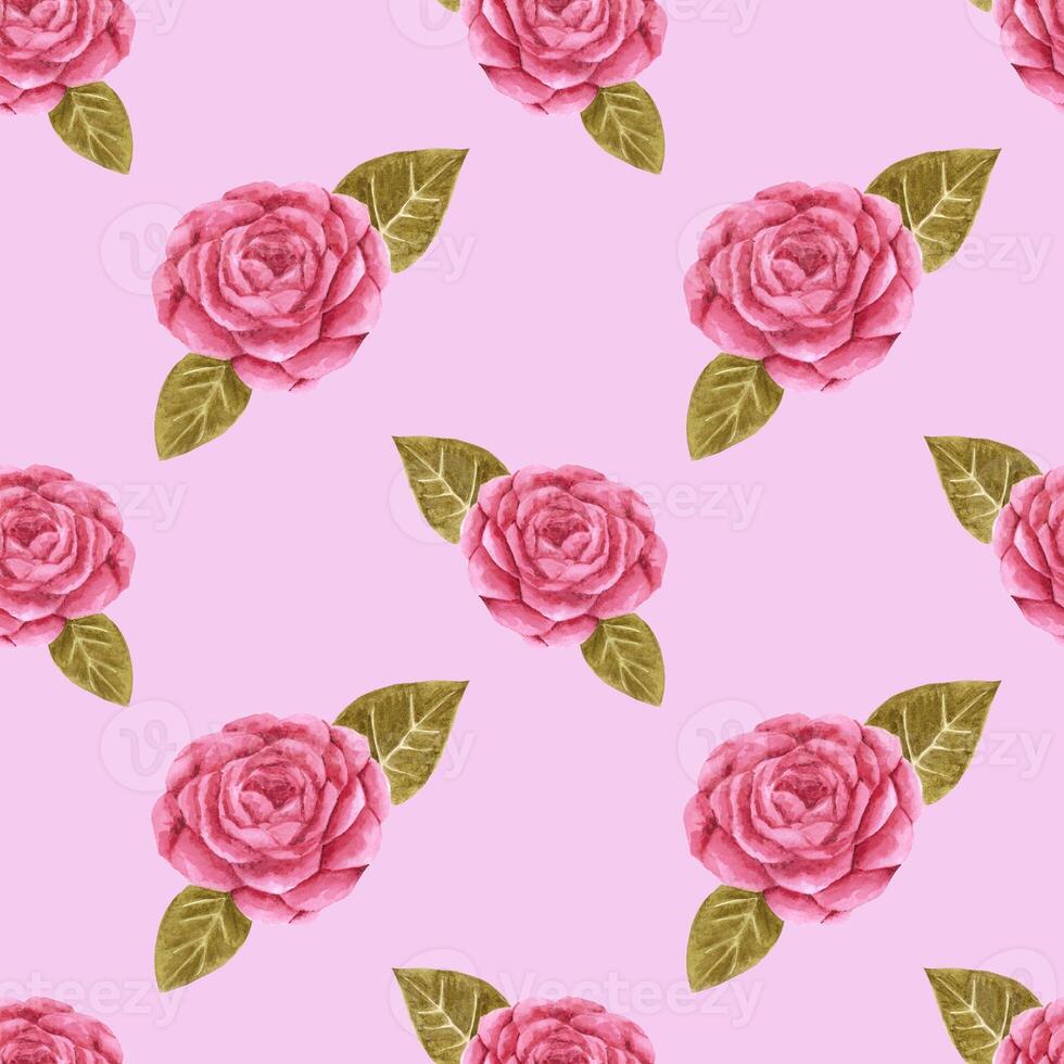 Handdrawn roses seamless pattern. Watercolor red flowers with green leaves on the pink background. Scrapbook design, typography poster, label, banner, textile. photo