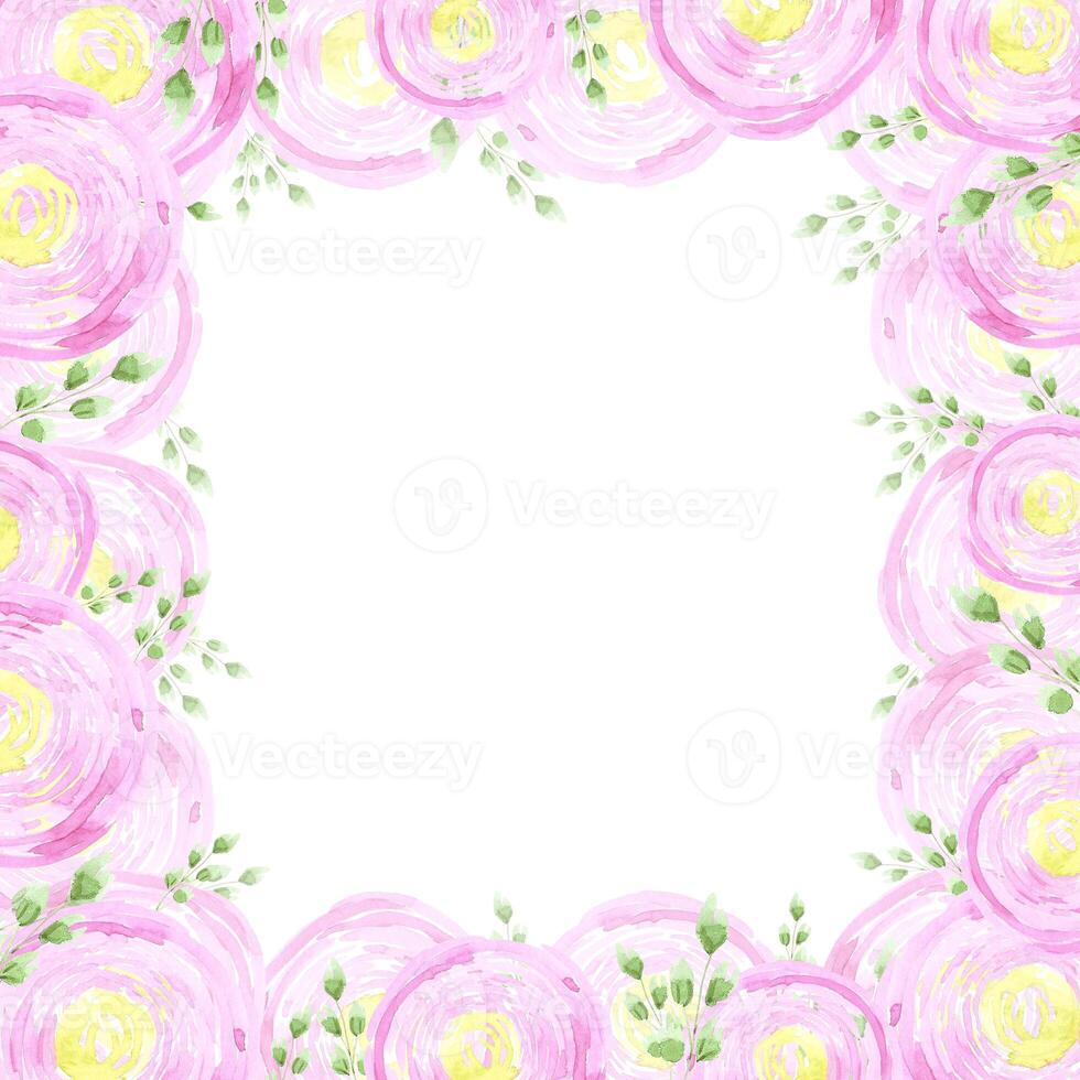 Pink abstract ranunculus frame boarder. Hand drawn watercolor isolated on white background. Can be used for cards, patterns, label. photo