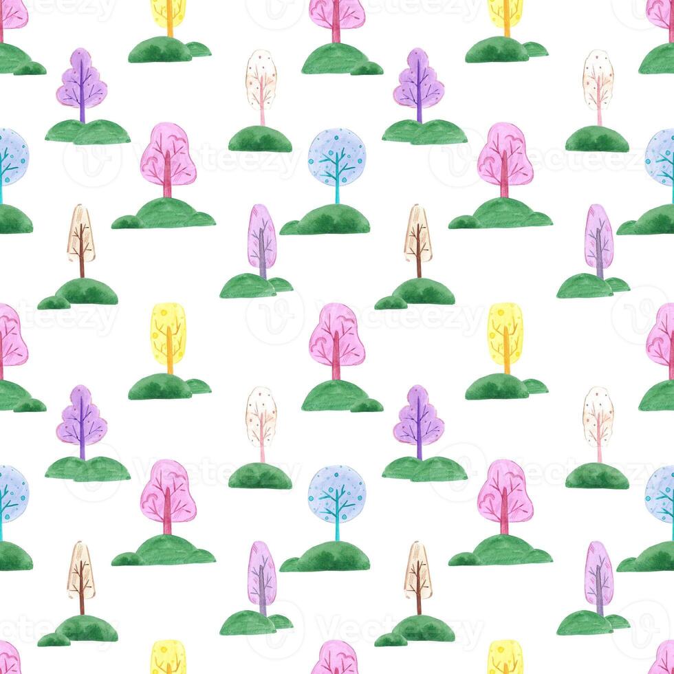 Hand drawn watercolor abstract trees seamless pattern isolated on white background. Can be used for children textile, wrapping paper, fabric. photo