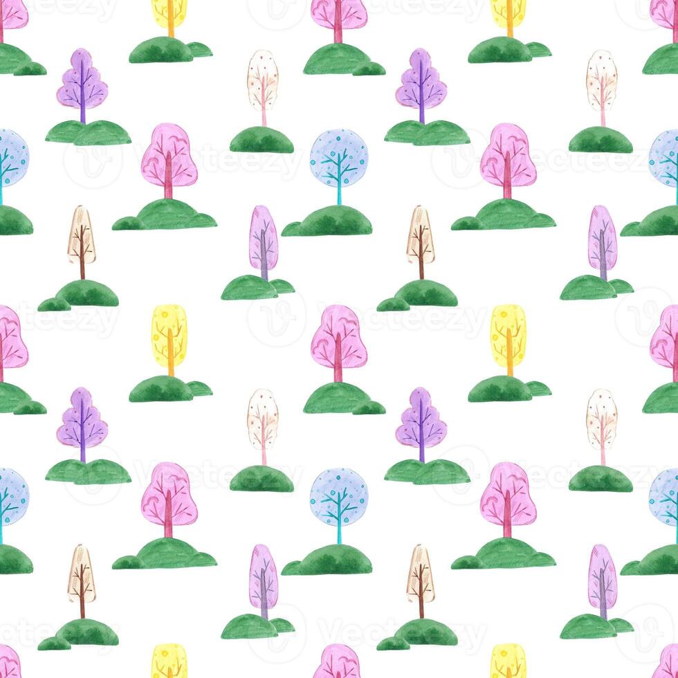 Hand drawn watercolor abstract trees seamless pattern isolated on white background. Can be used for children textile, wrapping paper, fabric. photo