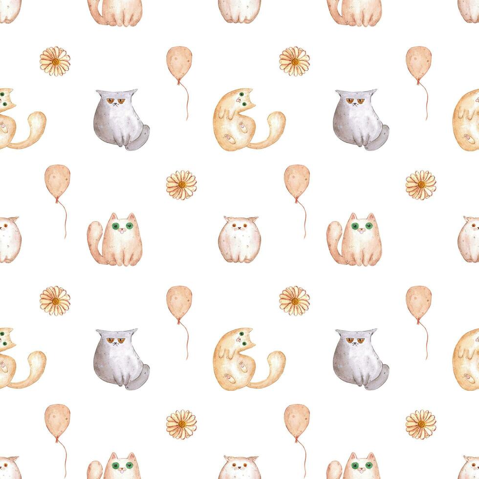 Handdrawn watercolor cats seamless pattern for children's textile. Isolated on white. Album, poster, textile, fabric. photo