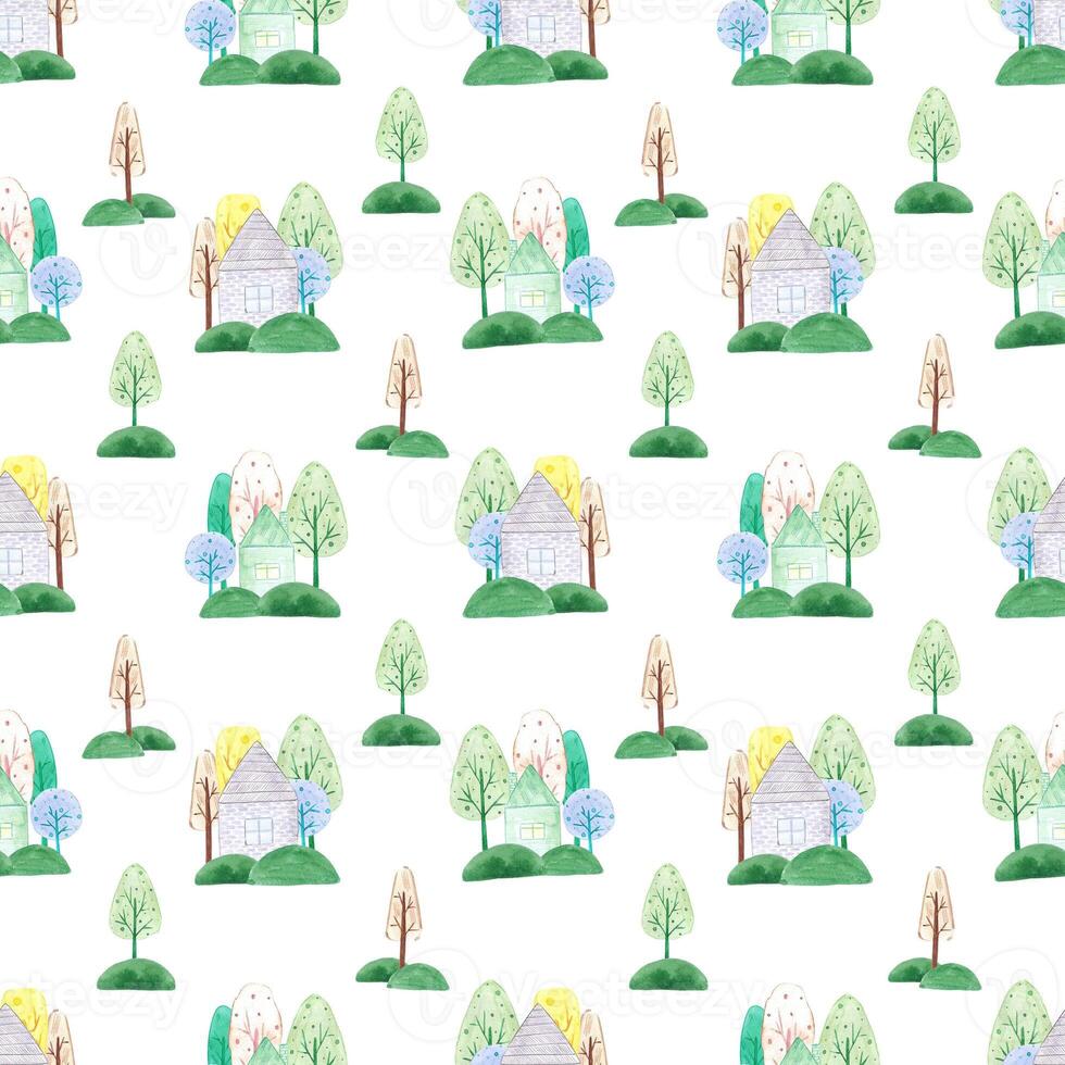 Hand drawn watercolor abstract trees and houses seamless pattern isolated on white background. Can be used for children textile, wrapping paper, fabric. photo