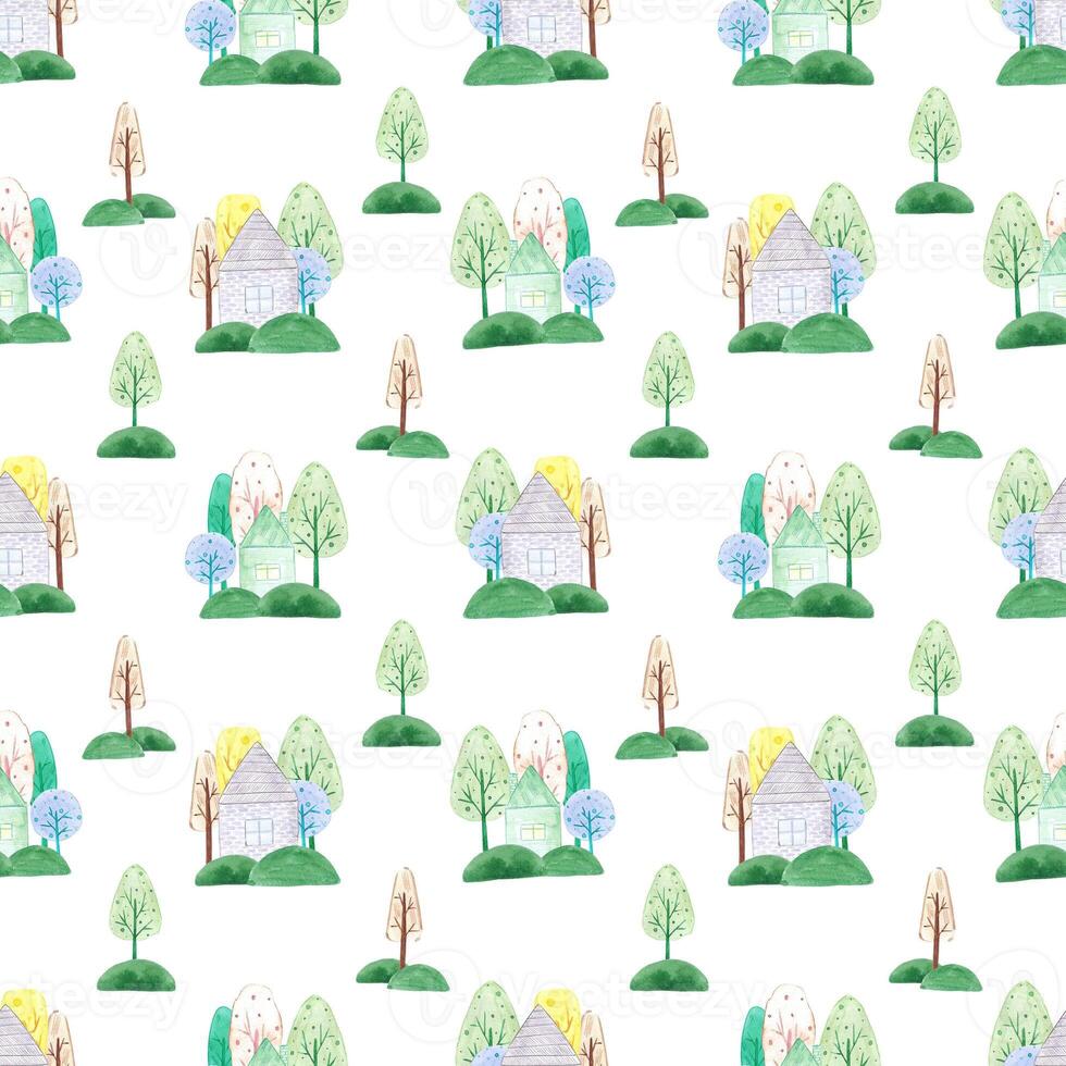 Hand drawn watercolor abstract trees and houses seamless pattern isolated on white background. Can be used for children textile, wrapping paper, fabric. photo