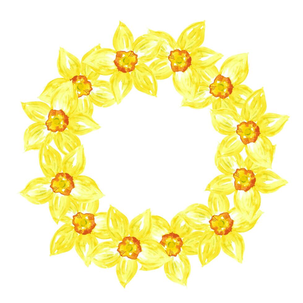 Hand drawn watercolor yellow daffodil wreath on white background. Scrapbook, post card, wedding invitation, album. photo