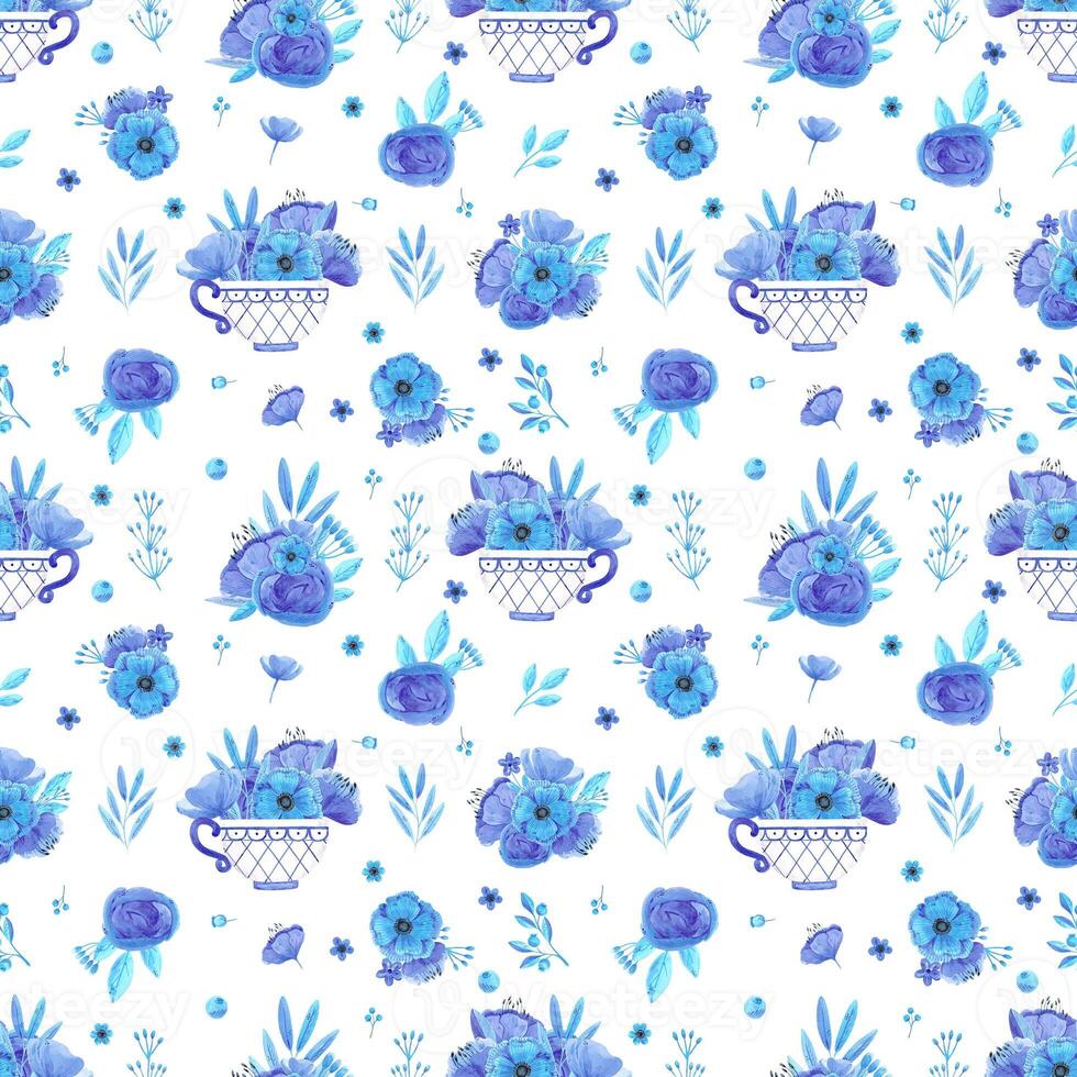 Hand drawn watercolor blue flowers and leaves bouquet in a cup seamless pattern. Isolated on white. Can be used for textile, patterns, fabric, gift-wrapping. photo
