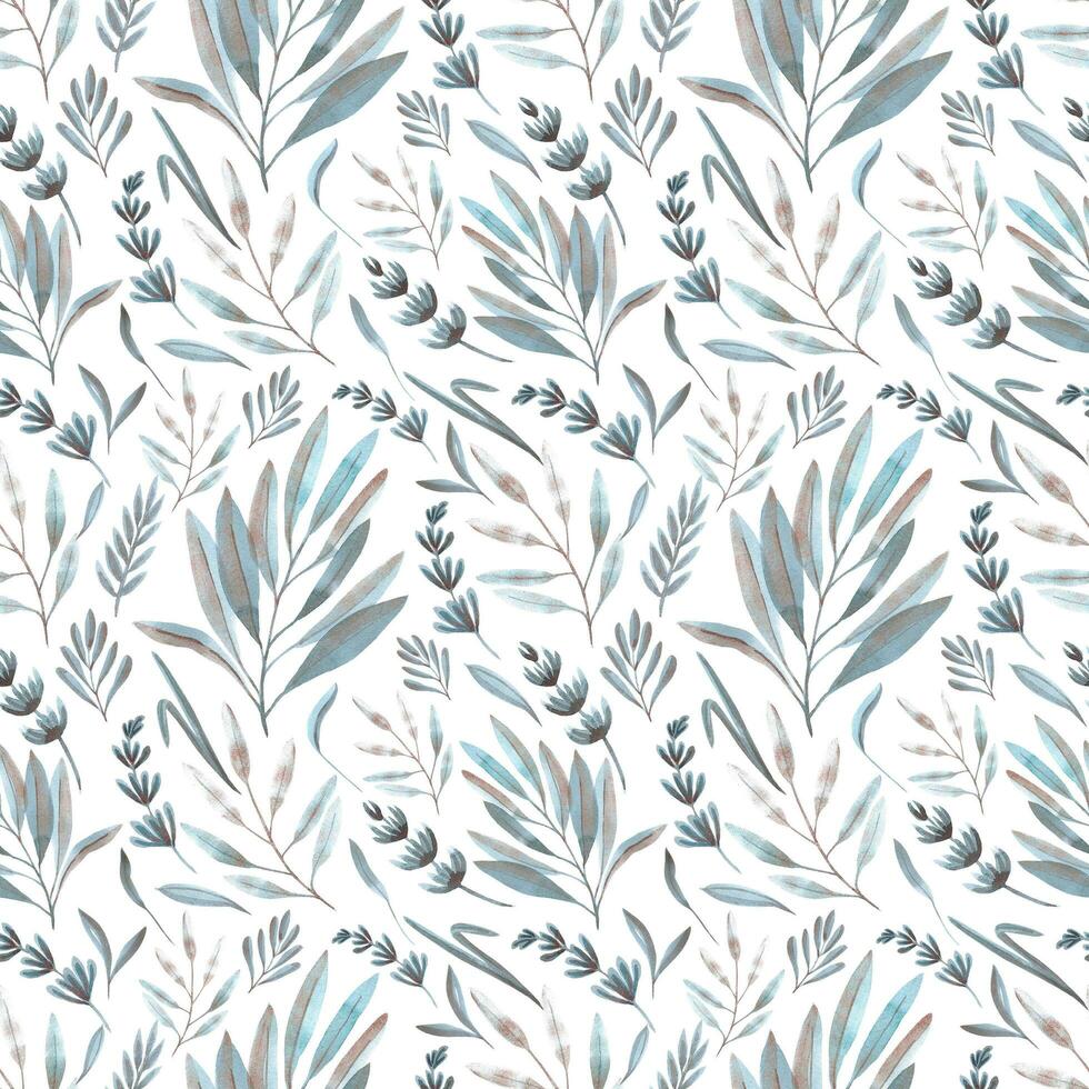 Hand drawn watercolor grey, blue and copper flowers and leaves seamless pattern. Isolated on white. Can be used for gift-wrapping, patterns, textile, fabric. photo