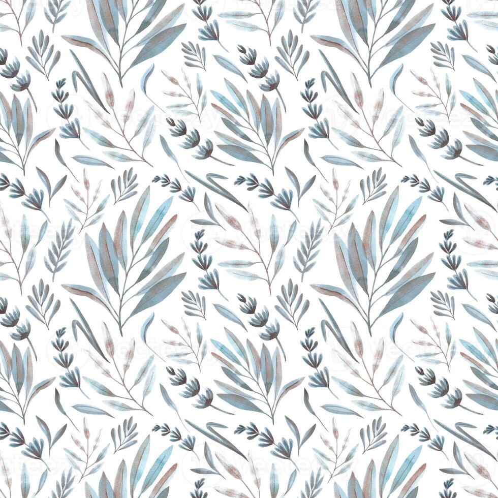 Hand drawn watercolor grey, blue and copper flowers and leaves seamless pattern. Isolated on white. Can be used for gift-wrapping, patterns, textile, fabric. photo