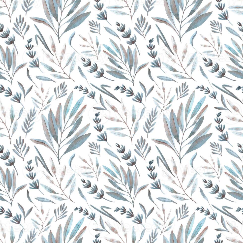 Hand drawn watercolor grey, blue and copper flowers and leaves seamless pattern. Isolated on white. Can be used for gift-wrapping, patterns, textile, fabric. photo