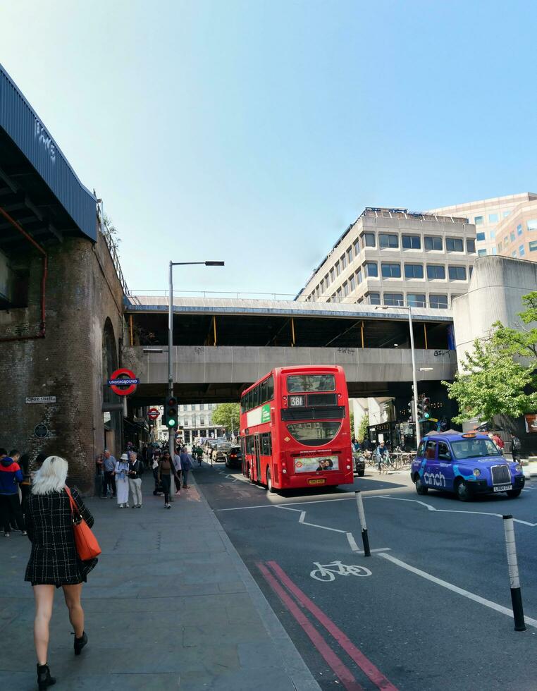 Low Angle Panoramic View of Canary Wharf Buildings at Central London City of England Great Britain. The Footage Was Captured on 08-June-2023 During Clear Day. photo