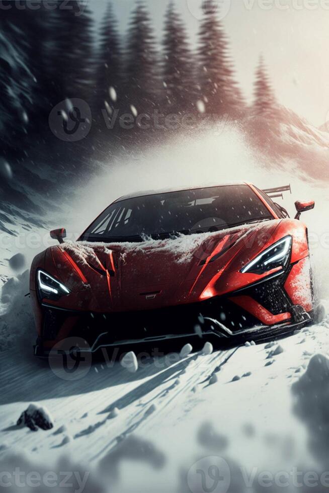 red sports car driving on a snowy road. . photo