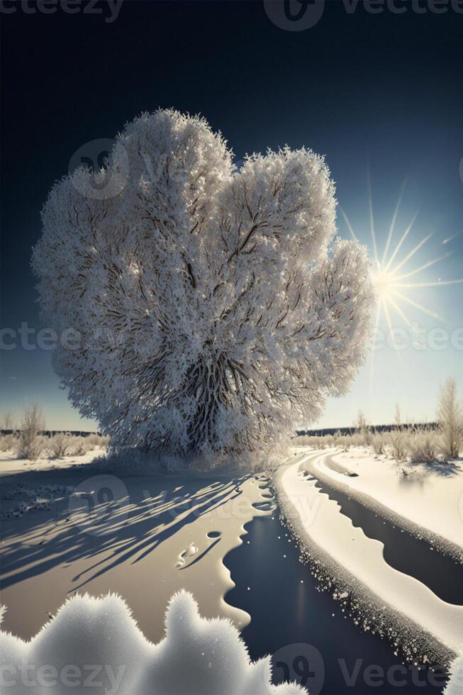 snow covered tree sitting on top of a snow covered field. . photo