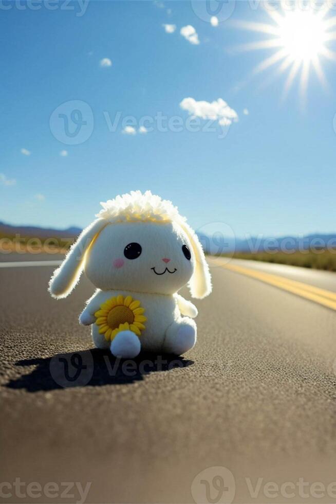 stuffed animal sitting on the side of a road. . photo