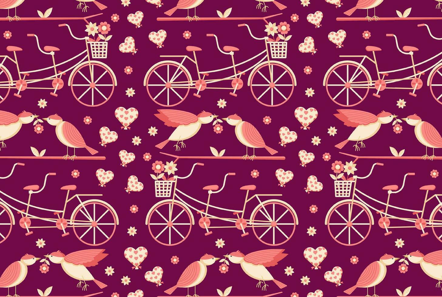 Romantic pattern, with the theme of a pair of birds, a pair of double bicycles, heart and flower balloons. Suitable for backgrounds vector