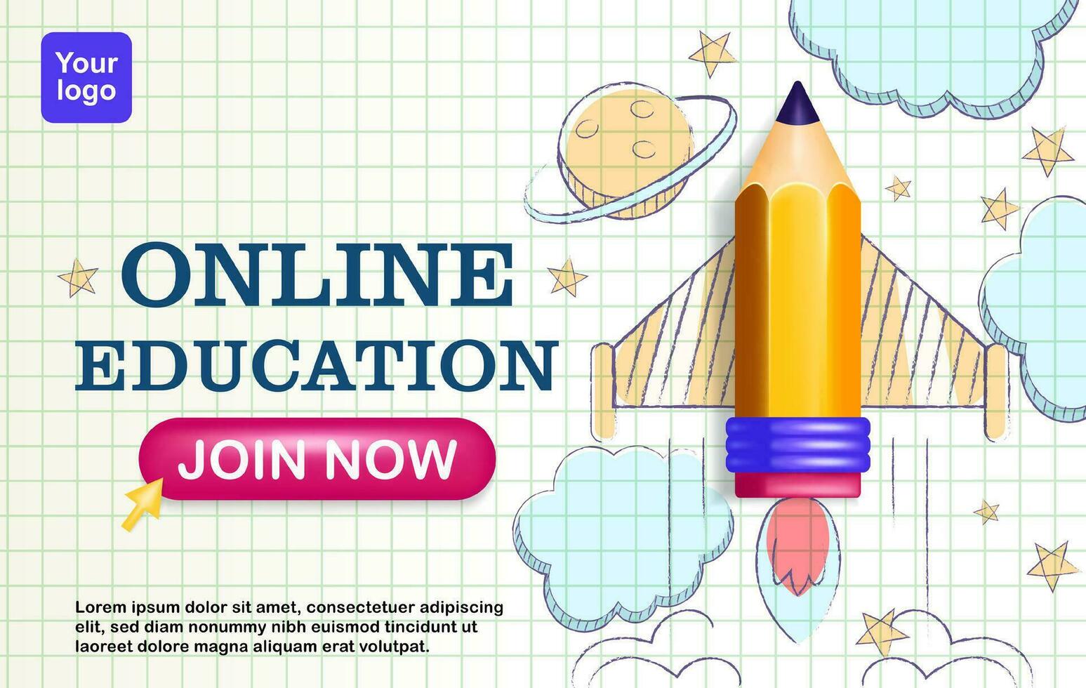 Online Education banner and poster. 3d vector yellow pencil with flying rocket theme on paper, hand drawn decoration of clouds, planets and stars