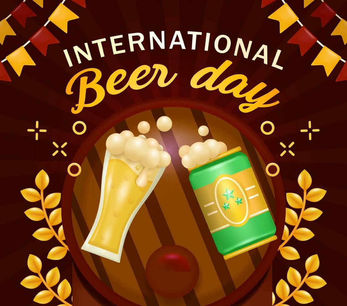 Beer glasses and cans clink, against a traditional fermentation tank in the background. 3d illustration, perfect for events vector