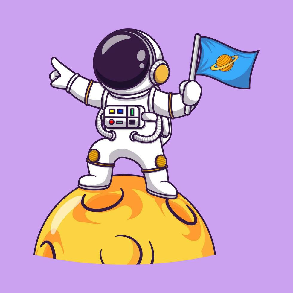 linda astronauta participación bandera en Luna dibujos animados vector icono ilustración. Ciencias tecnología icono concepto aislado prima vector plano dibujos animados estilo.
