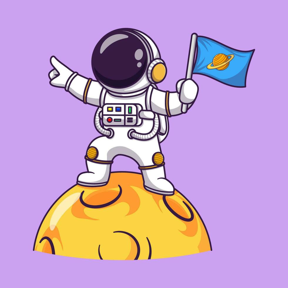 Cute astronaut holding flag on moon cartoon vector icon illustration. science technology icon concept isolated premium vector flat cartoon style.
